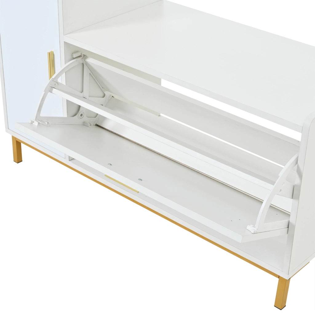 Scarpiera con seduta 100 x 38 x 68 cm, bianco e oro, con 2 ripiani, 1 vano e finitura lucida