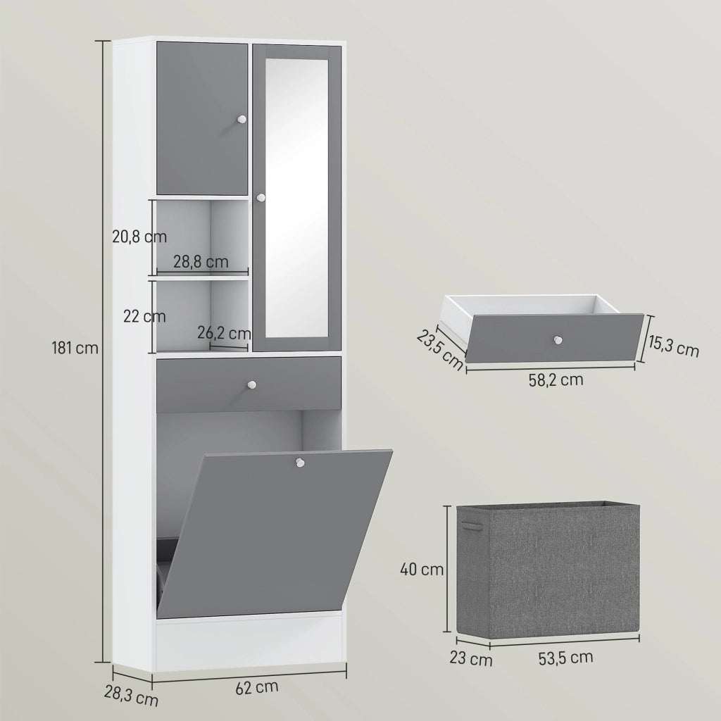 Mobile da bagno con cesto per la biancheria e specchio ripiano regolabile ¨C zephmum ¨C 62x28.3x181 cm grigio bianco