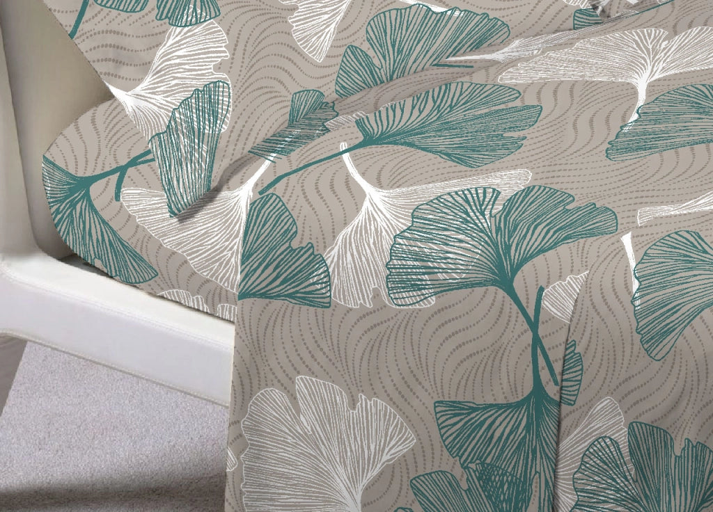 Completo Lenzuola Letto Morbida Flanella 100% Cotone Dis. Ginko - Maxi - Verde