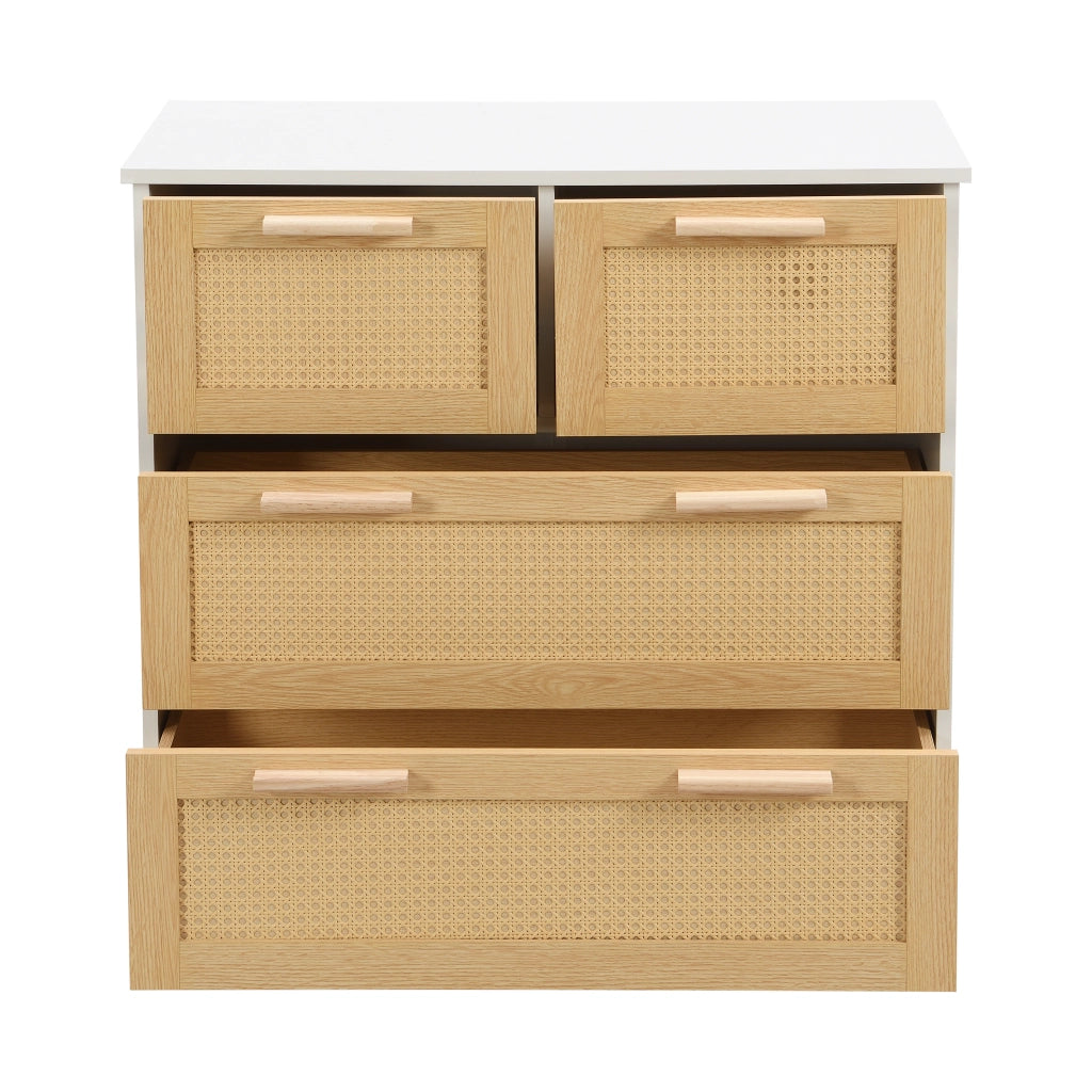 Cassettiera in Rattan con 4 Cassetti e Maniglie in Legno Massello ¨C MINIMAL ¨C 80x38x80 cm