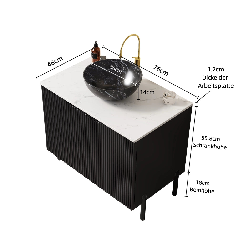 Mobile sottolavabo da bagno con lavabo in ceramica e piano in pietra sinterizzata, 2 ante, nero, 76 × 48 × 89 cm