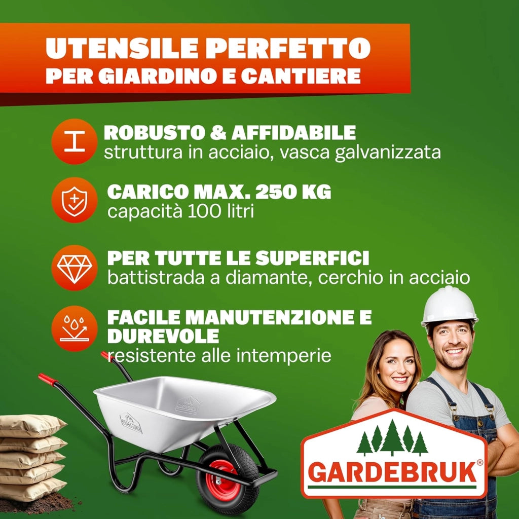 Carriola da Giardino 100 Litri 250kg Acciaio Zincato Manici Gommati Ergonomici Carriole per Fiori Carriola da Costruzione Trasporto Legna