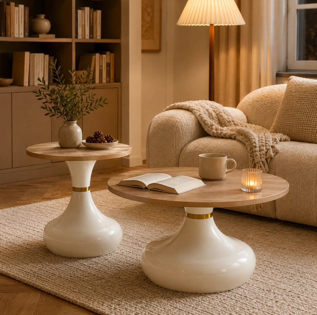 Set di tavolini impilabili con piano in MDF effetto pietra e base in metallo; naturale