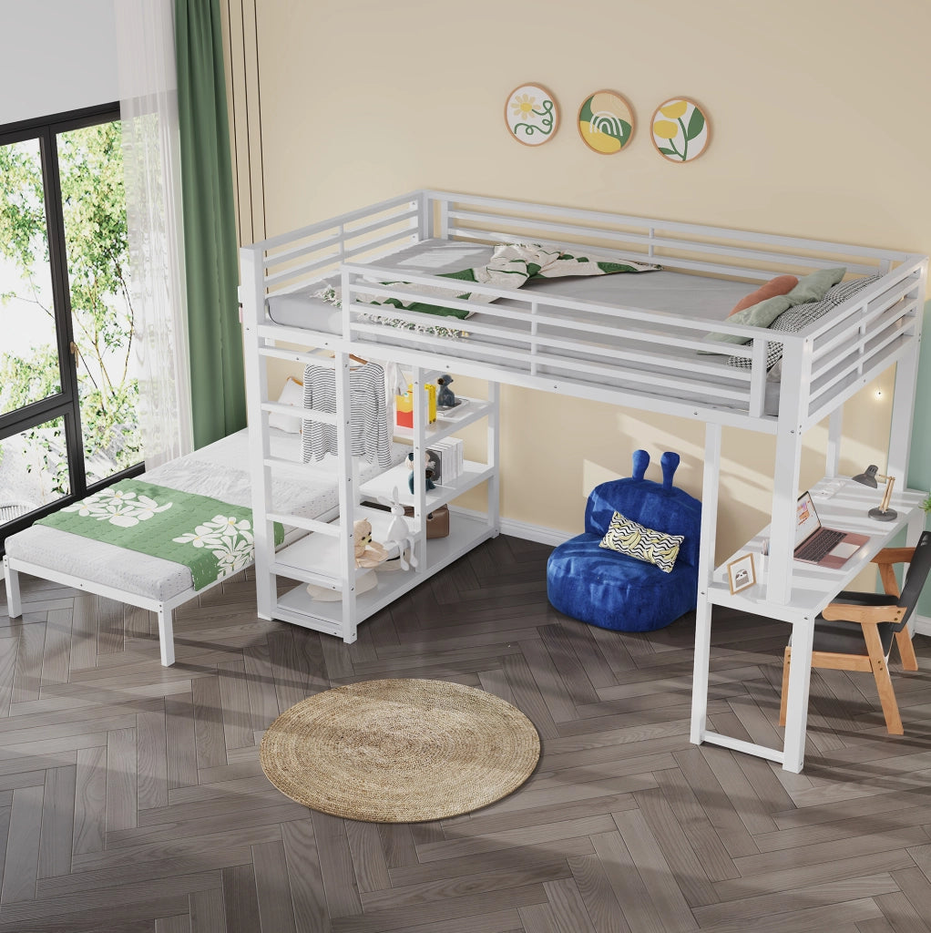Letto a soppalco 90x200 cm con scrivania; ripiani e vano guardaroba; bianco in MDF e metallo