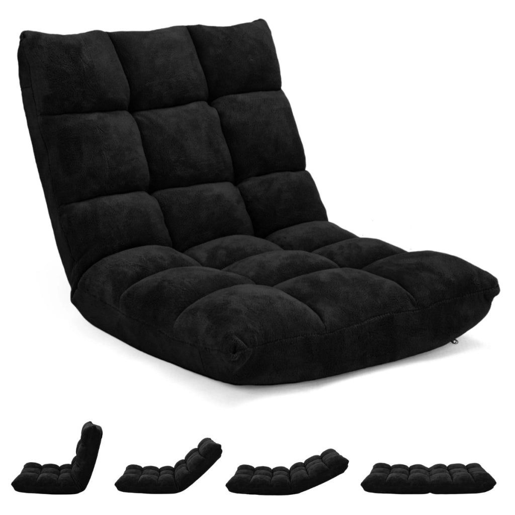 Sedia imbottita da pavimento regolabile in 14 posizioni, Poltrona da pavimento 105x56x15cm Nero-Divani da terra