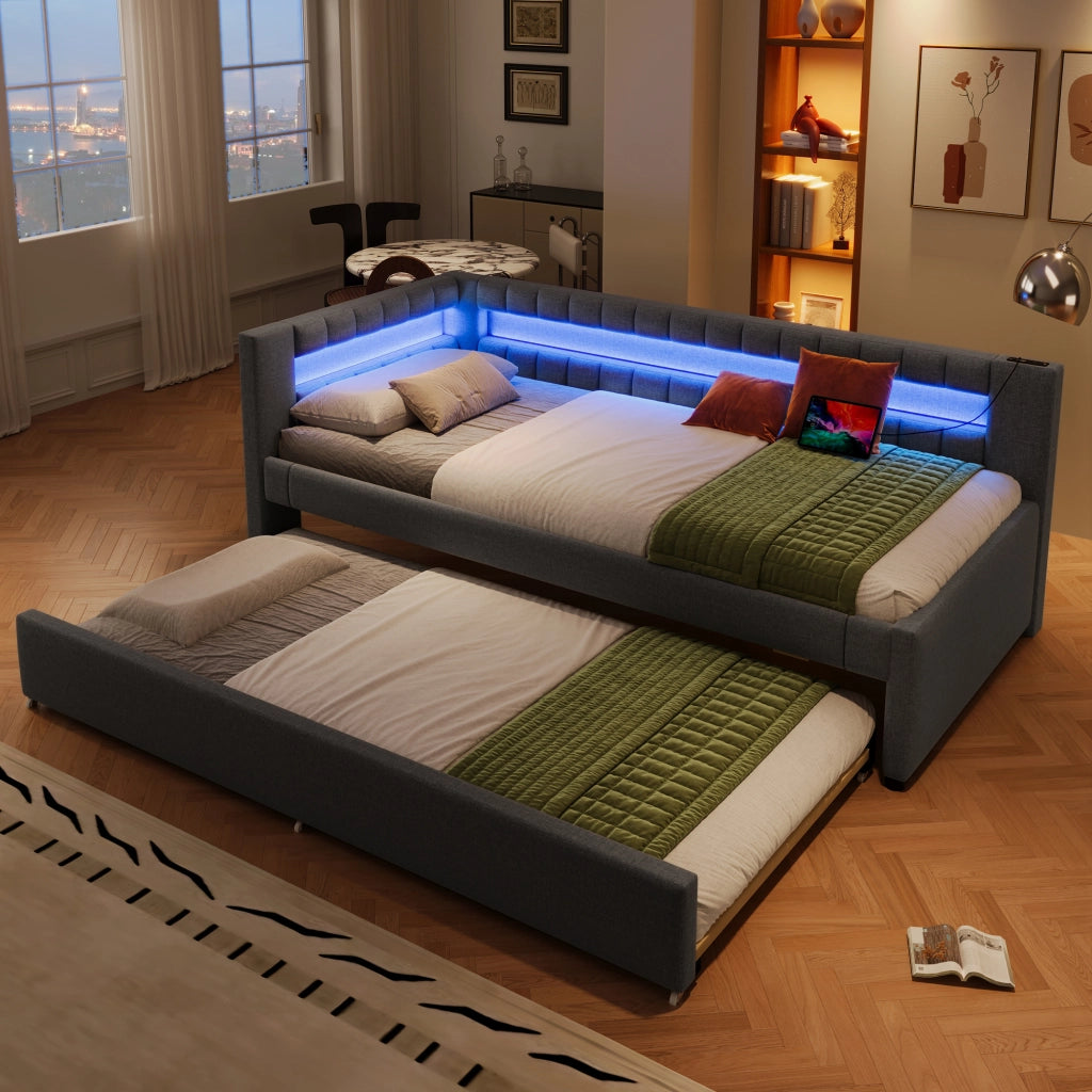 Daybed in lino grigio 90x200 con LED telecomandato e letto estraibile USB/Type-C