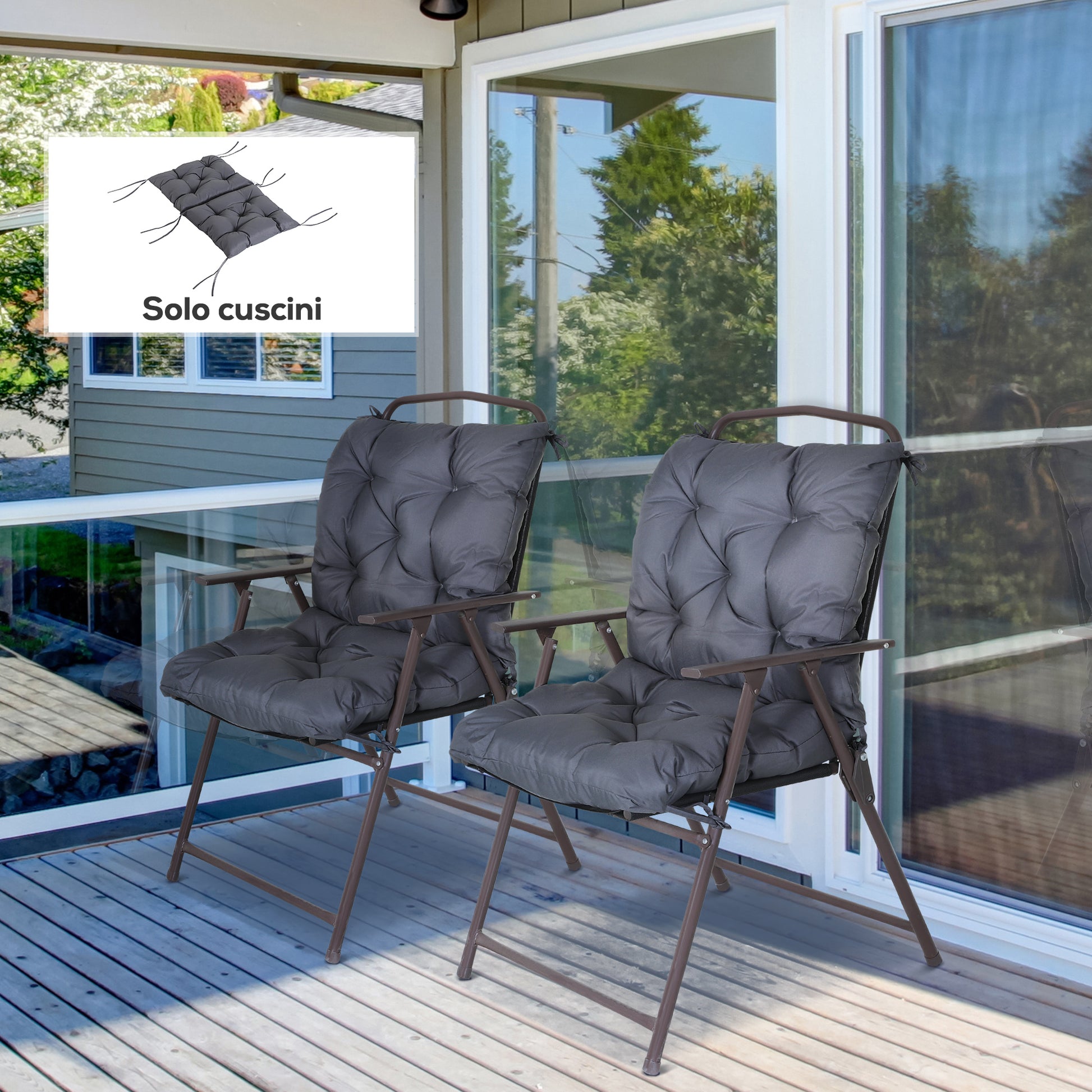 Set 2 Cuscini 50x98x8 cm per Sedie da Esterno in Poliestere e Cotone con Lacci Grigio