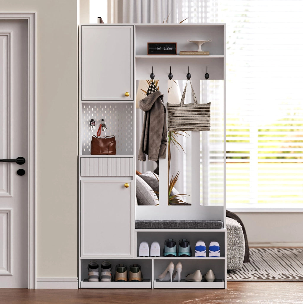 Guardaroba da ingresso multifunzione con panca e cassetti, bianco, MDF