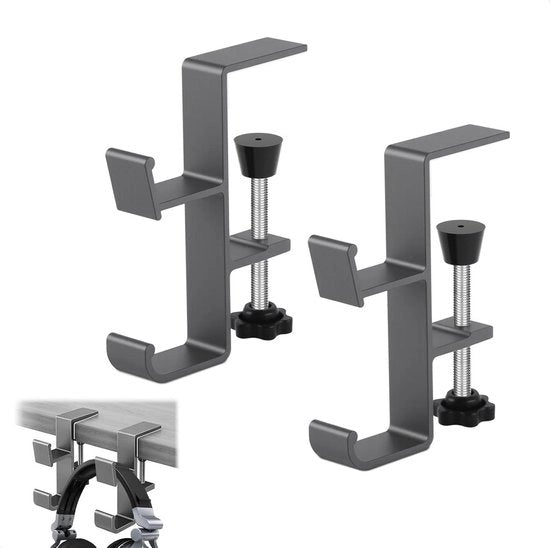 Sistema di supporto per cuffie per scrivania, adatto per scrivanie di 1,4 a 5,8 cm, con spazio per cuffie, borse e cavi dati - Set da 2 pezzi