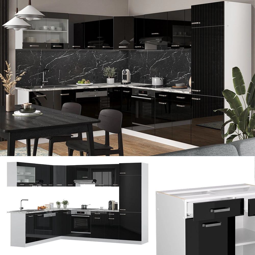 Vicco Cucina angolare completa Nero lucido/bianco 227 x 287 cm , PL Antracite