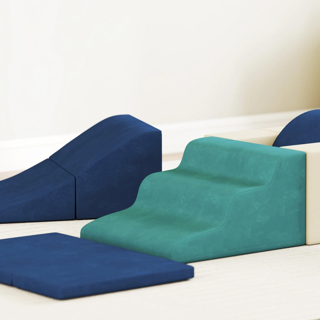 Set 7 Costruzioni Morbide per Bambini da 0,5-3 Anni con Base Antiscivolo in Schiuma e Velluto Blu
