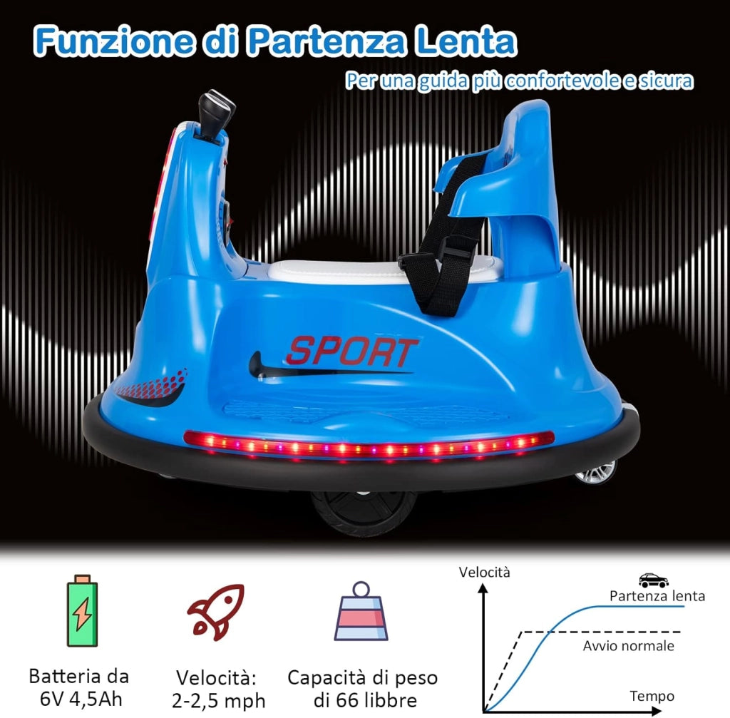 6V Autoscontro Elettrico per Bambini, Veicolo Elettrico con Telecomando, Girevole a 360°, Luci LED Colorate e Cintura di Sicurezza Regolabile, 37-95 Mesi (Blu)