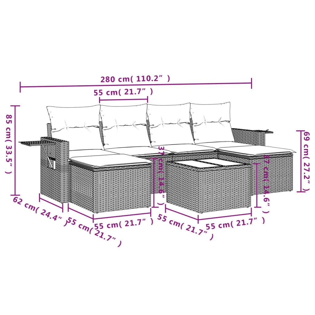 Set Divani da Giardino con Cuscini 7pz Nero Polyrattan