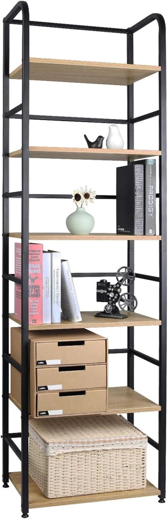 Scaffale Libreria a 6 Livelli, Libreria Verticale Struttura in Metallo, per Soggiorno/Camera da Letto/Studio, 50x30x176cm, Nero + Rovere Chiaro, RGB11hei