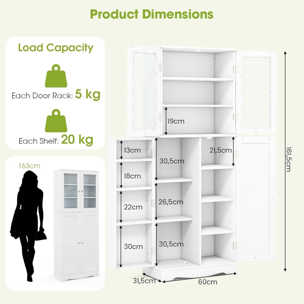 Armadio alto dispensa da cucina, mobile credenza indipendente con due ante in vetro temperato, per sala da pranzo, soggiorno, 60 x 31,5 x 161,5 cm (bianco)