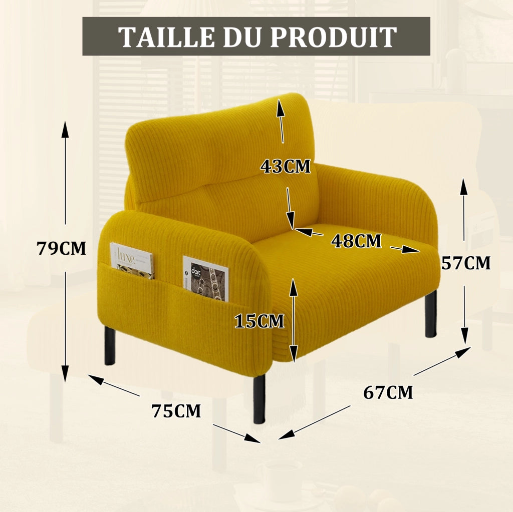 Poltrona singola in velluto a coste giallo con tasca laterale; 67x75x79 cm; struttura in metallo