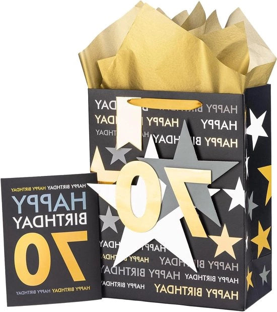 Regalo di compleanno con carta da gioco e biglietto augurale - 70° compleanno - 25,4x12,7x33cm - Nero Oro - Progetto festivo