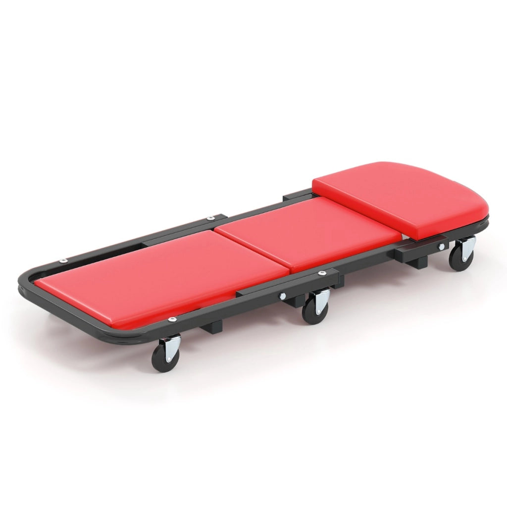 Sedia per meccanico 2 in 1 con sedile imbottito e 6 ruote, Sgabello da officina pieghevole a forma di Z Rosso