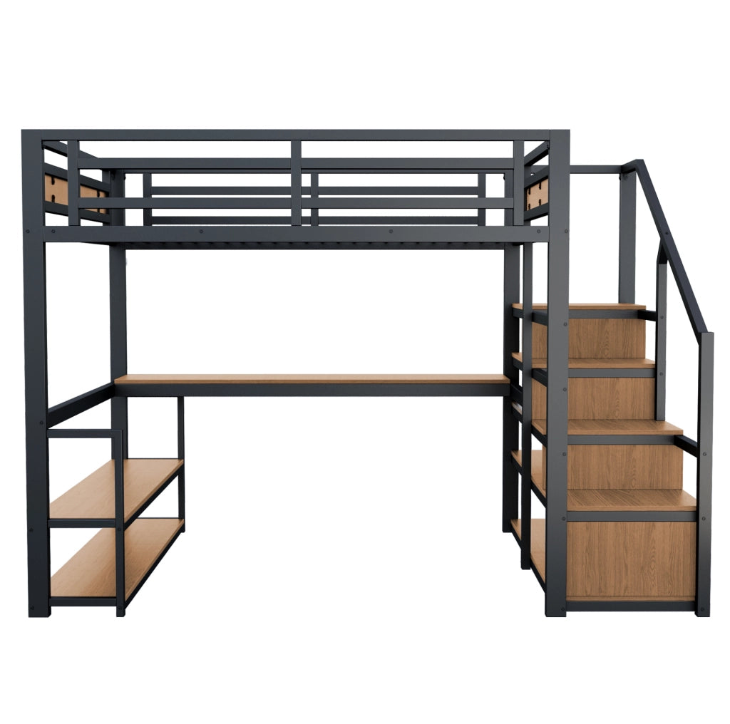Letto a soppalco 140x200 cm con scrivania, scaffali e scala contenitore in metallo nero