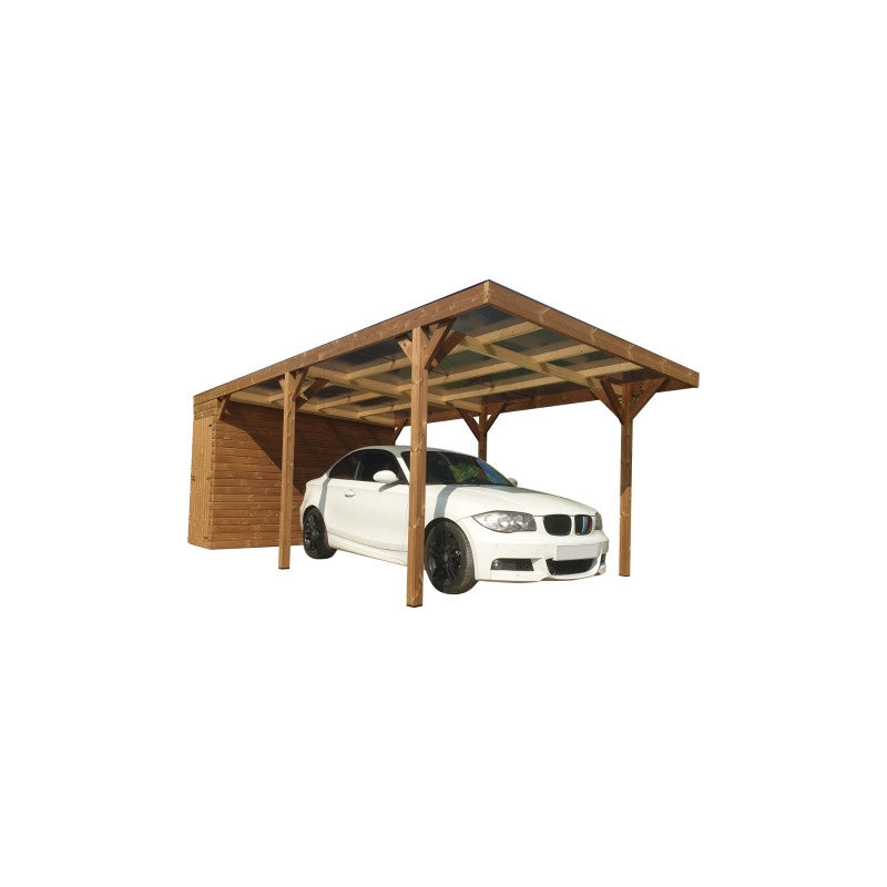 Tettoia auto in legno termotrattato 631x300 cm – Carport auto con capanno 3 m² e tetto in policarbonato – THP3063A Foresta