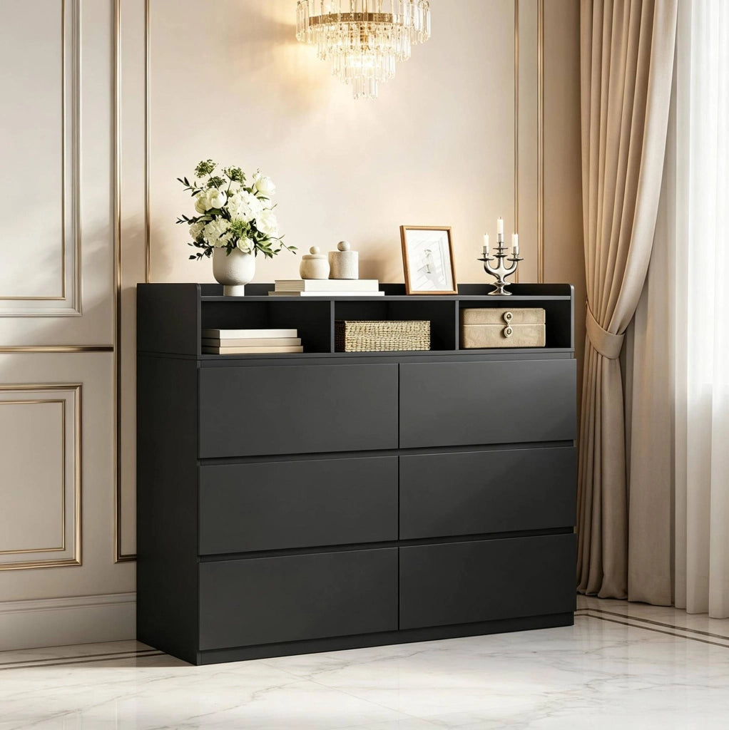 Comò con 6 cassetti e 3 vani aperti 120x40x100 cm in truciolare nero