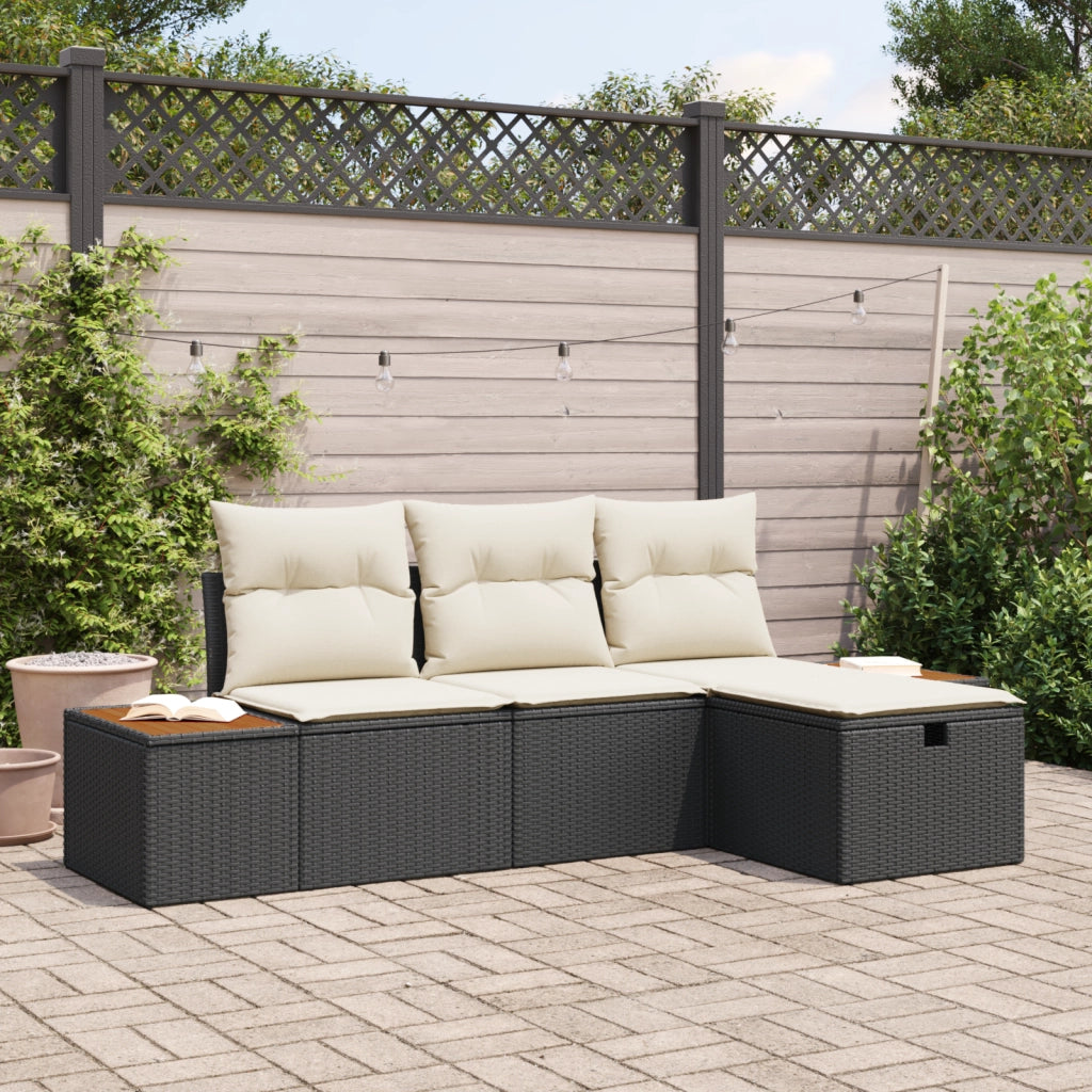 Set Divano da Giardino a 4 Pezzi con Cuscini Nero in Polyrattan