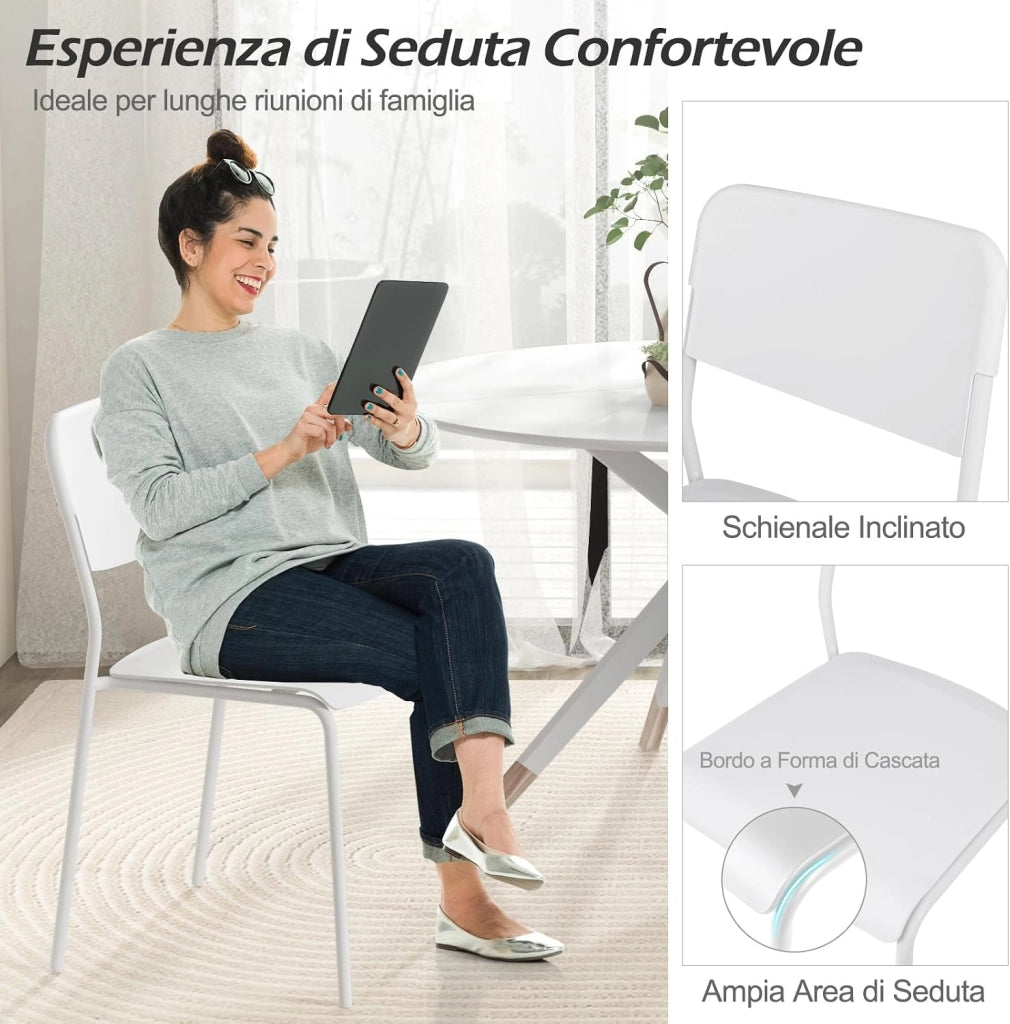Set 4 Sedie Sala da Pranzo Moderno, Sedie da Cucina Accumulabili con Schienale Inclinato e Gambe Metalliche Robuste, Set di Sedie per Soggiorno, 48,5 x 44,5 x 81 cm (Bianco)