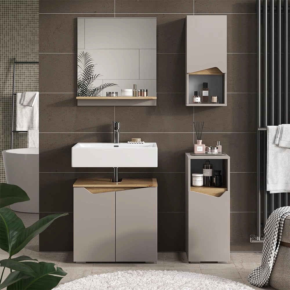 Mobile bagno Marelle, Grigio, 30 x 67 cm con porta e vano aperto, per montaggio a parete per una conservazione salvaspazio