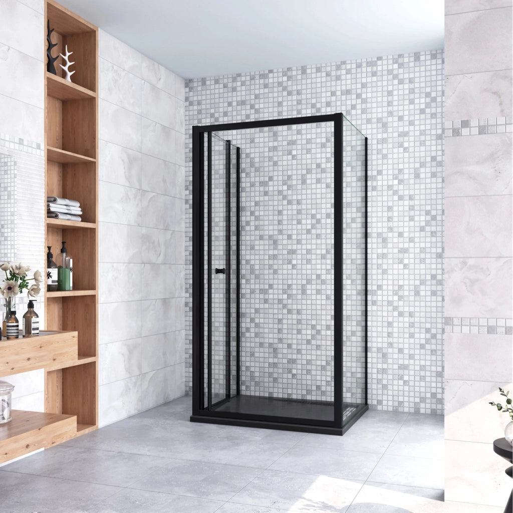 185cm Box Doccia a Tre Lati Porta a Soffietto 70cm con Doppia Parete Fissa 70x70cm in Vetro Temperato Trasparente 5 mm Profilo Nero Opaco