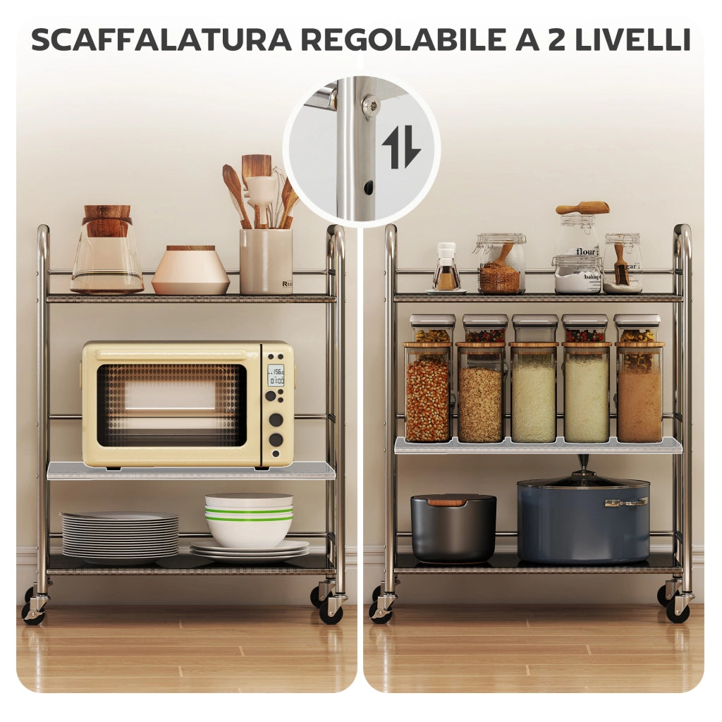 Carrello Multiuso a 4 Livelli con Ripiano Centrale Regolabile e Bordi Rialzati. in Acciaio Inox. 60x35x77 cm