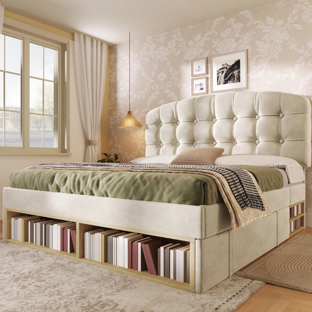 Letto imbottito beige con testiera regolabile, contenitore e cassetti