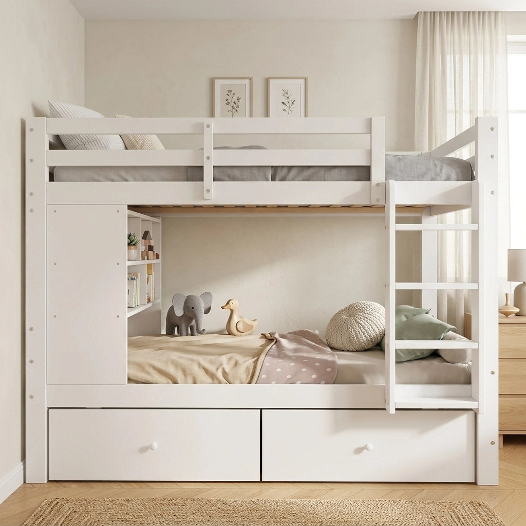 Letto a Castello 90 x 200 cm e 90 x 200 cm; 2 Posti - 2 Cassetti; Scala e Scaffale