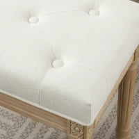 Poggiapiedi in Stile Rustico, Rivestito in Tessuto Effetto Lino con Gambe Intagliate in Legno Massiccio, Seduta Imbottita, Beige