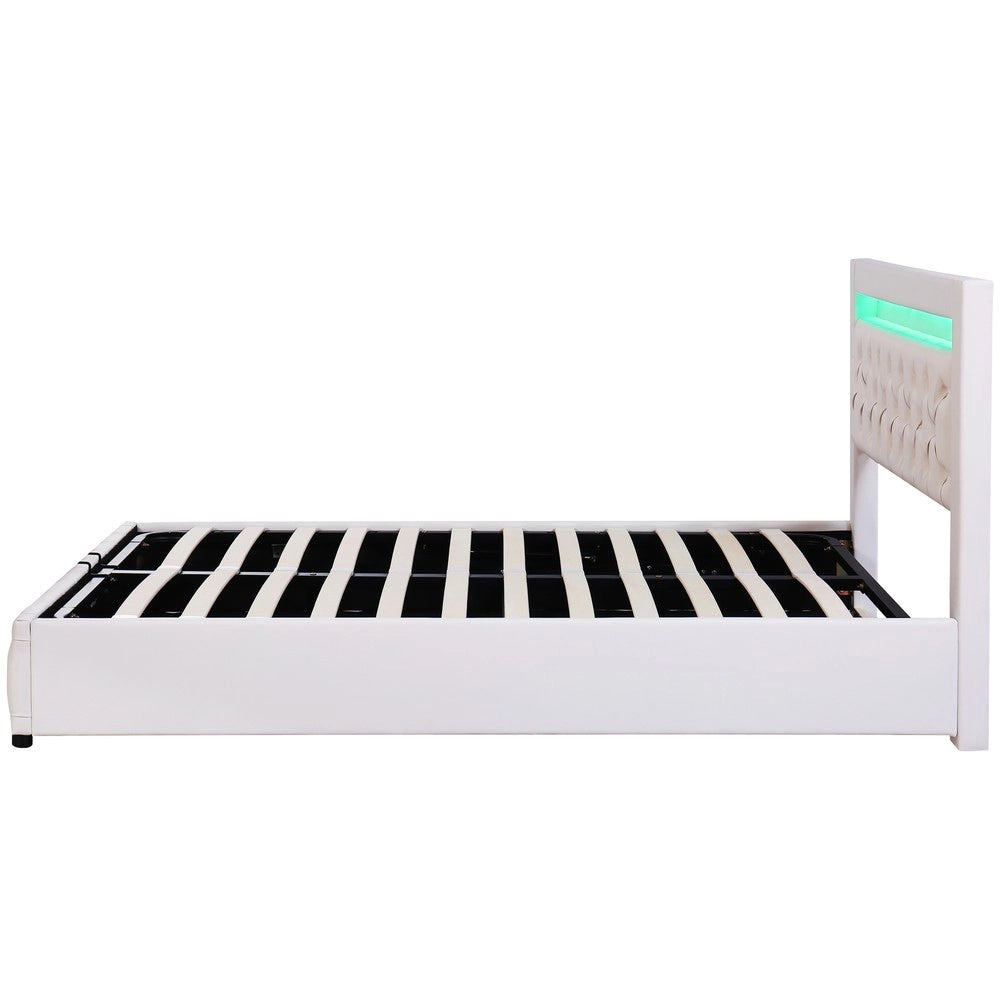 Letto Contenitore Imbottito con LED ¨C MINIMAL ¨C 140x200 cm, Bianco, PU, Rete a Doghe