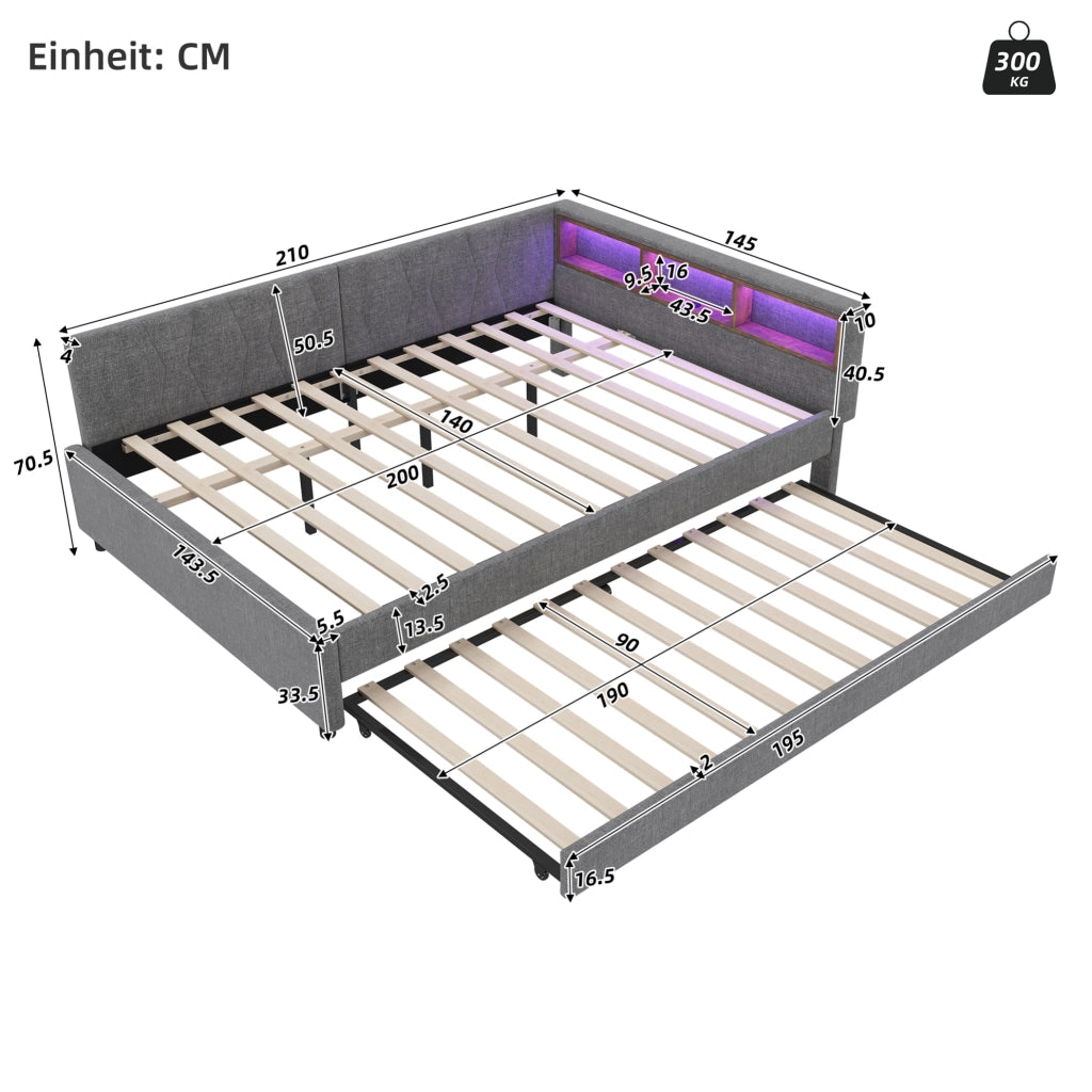 Letto estraibile 140x200 cm con LED, USB-C e vani portaoggetti
