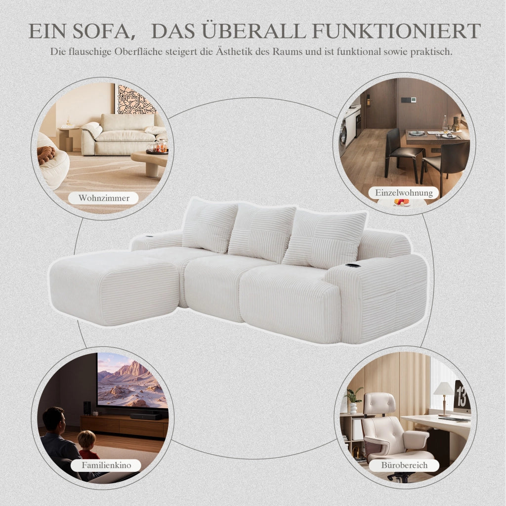 Divano modulare in corduroy per 3 persone con portabicchieri e tasca laterale per soggiorno beige 268 × 174 × 80 cm
