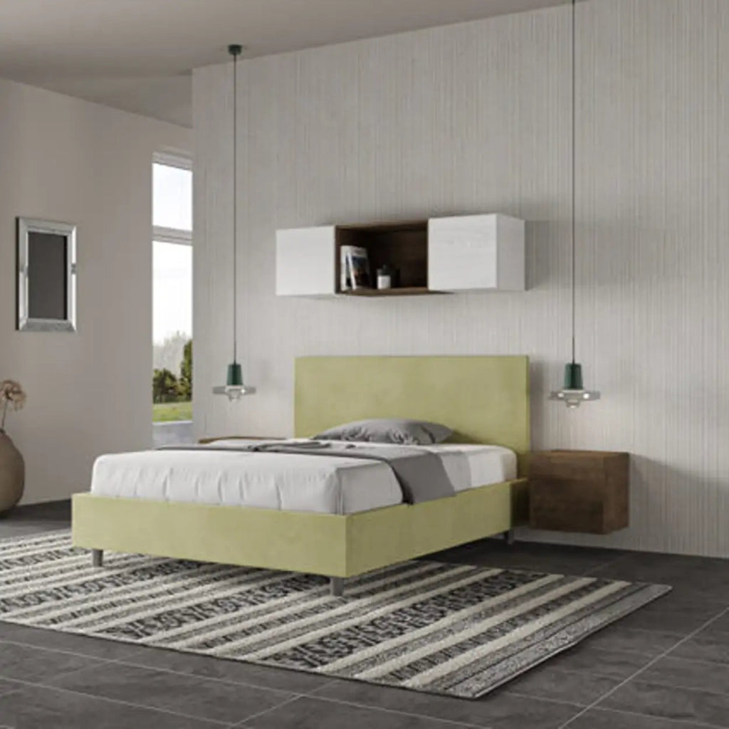 Letto matrimoniale francese senza rete imbottito 140x210 microfibra tè verde Adele