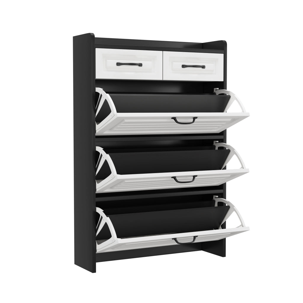 Mobile Scarpiera con 3 Ribaltine Girevoli e 2 Cassetti; Stile Moderno; in Pannelli di Truciolare; 80×23;5×131 cm; Bianco Nero