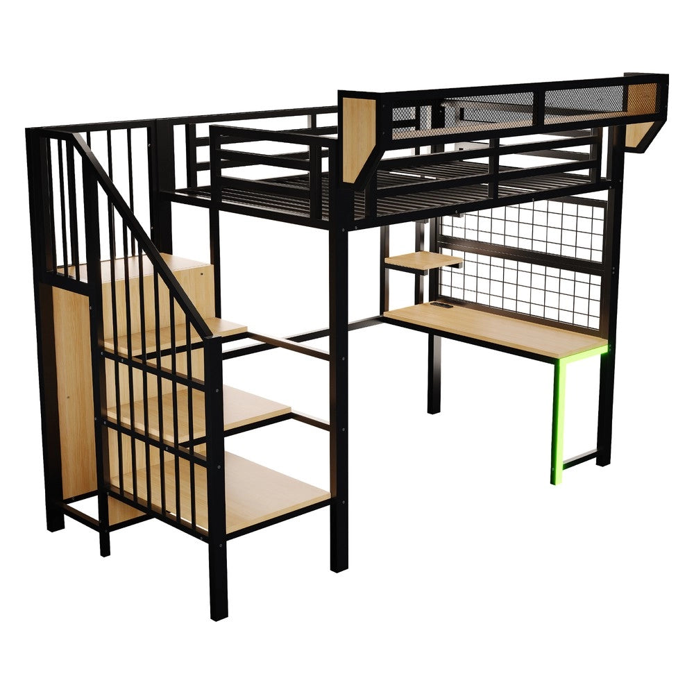 Letto a Soppalco con Scrivania ¨C Xylo ¨C Metallo, LED, Nero, 90x200