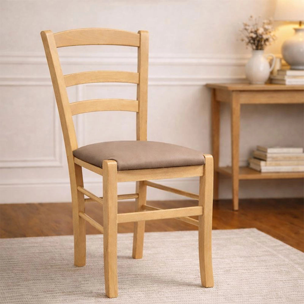 Sedie da sala da pranzo Paesana in legno naturale con seduta imbottita tortora