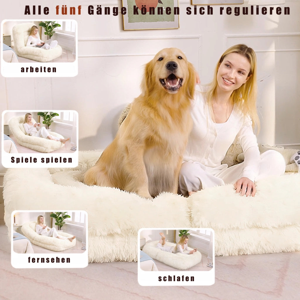 Canapé convertible da pavimento con schienale regolabile a 5 posizioni e cuscino in pelliccia sintetica beige