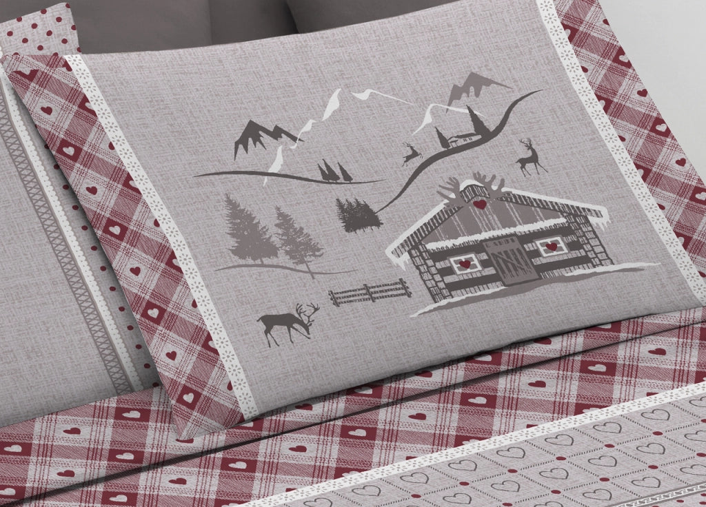 Completo Lenzuola Flanella Pensieri Delicati 100% Cotone Disegno Chalet - Singolo - Rosso