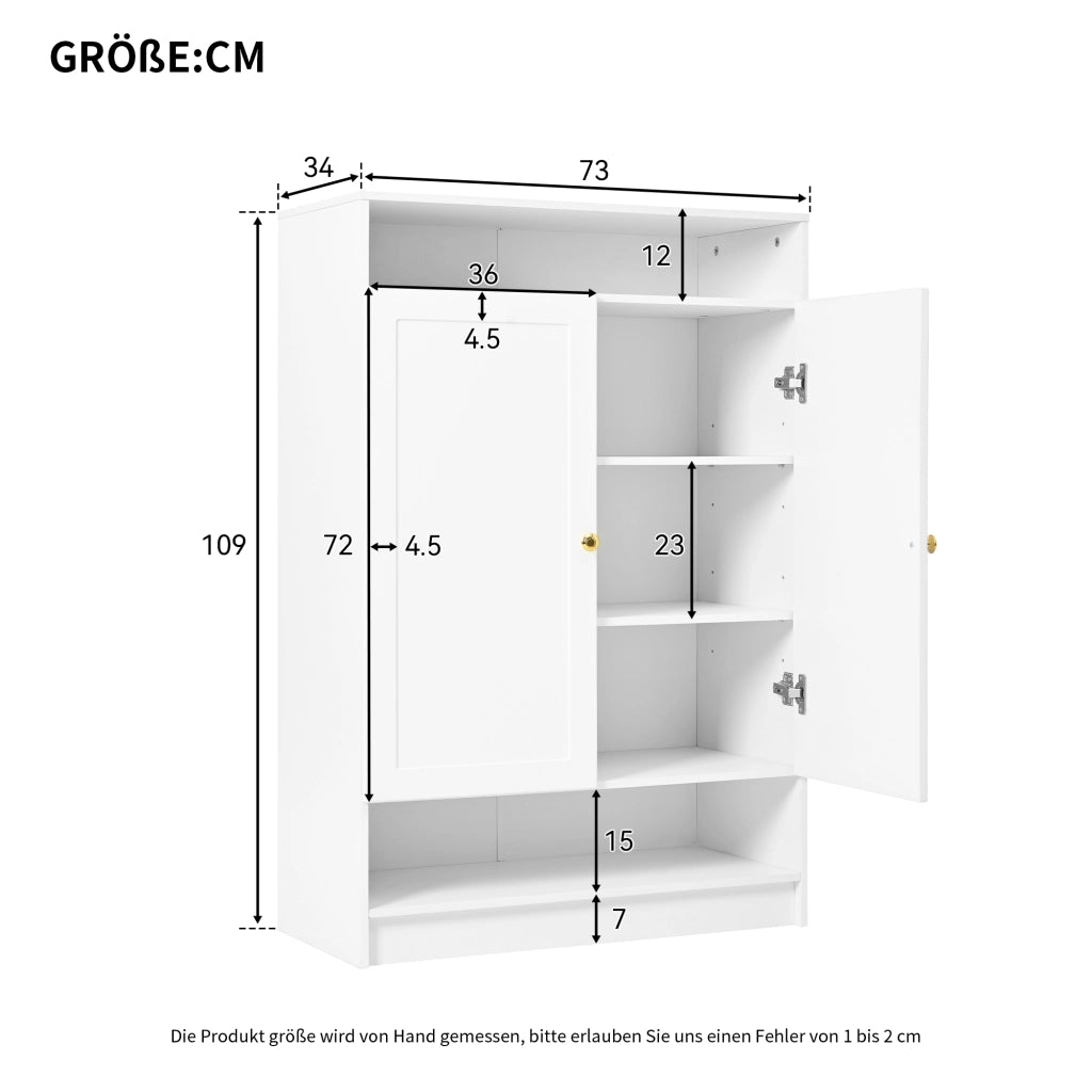 Scarpiera con 2 ante ripiani regolabili e vani aperti per ingresso in truciolare bianco 146 × 34 × 109 cm