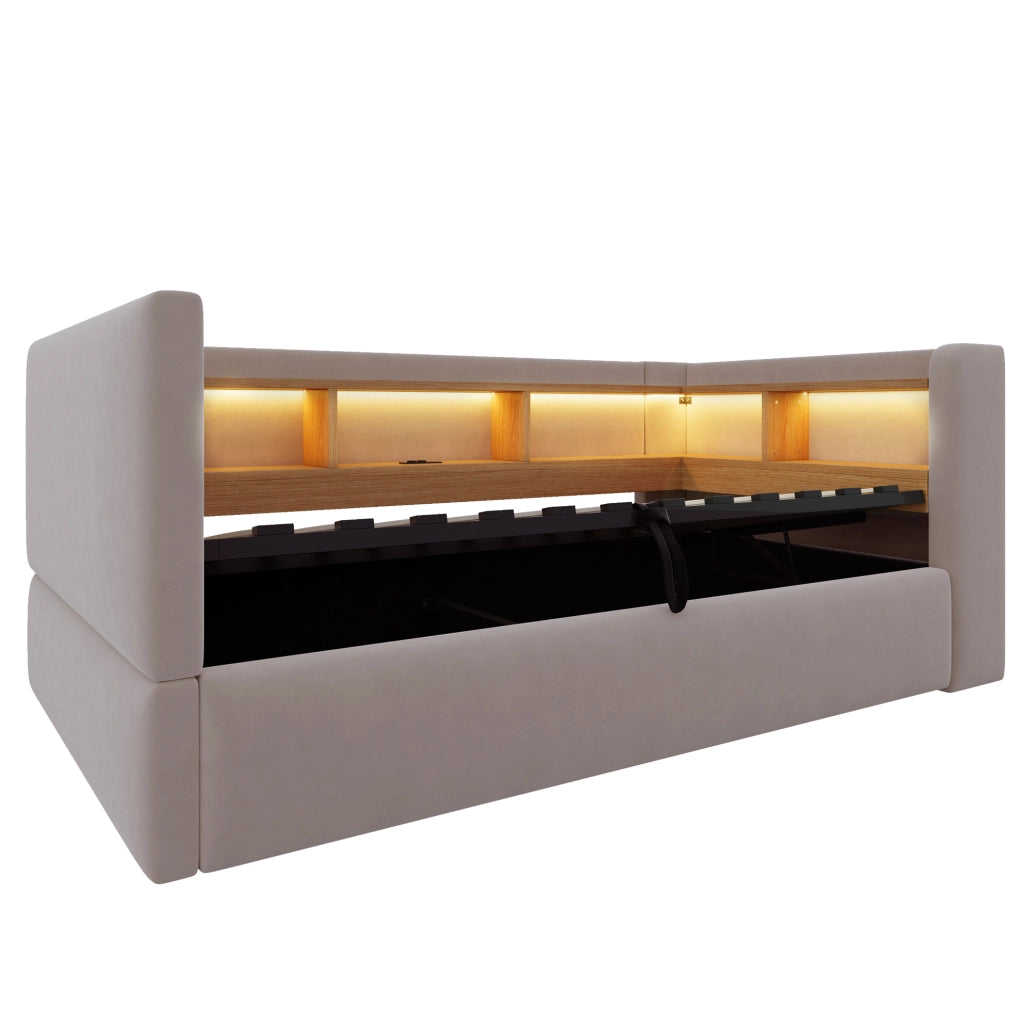 Divano letto 90x190 cm con contenitore idraulico; LED e prese in flanella grigio scuro
