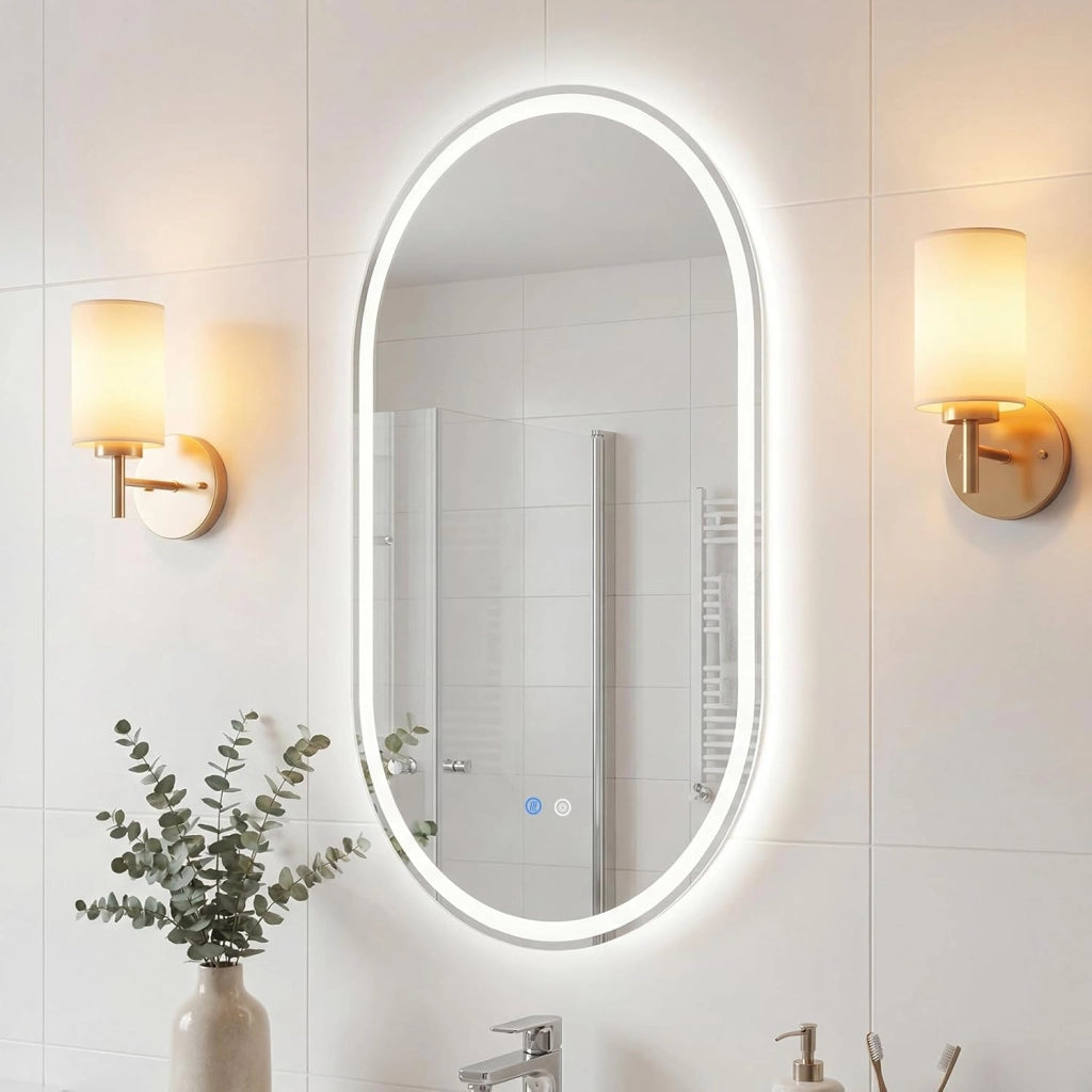 Specchio Bagno con Luce 90 x 55 cm, Specchio Ovale da Parete in Vetro Temperato IP44 con 3 Colori Dimmerabile, Antiappannamento, Memoria, Orizzontale/Verticale (90 x 55 cm, Modello 2)