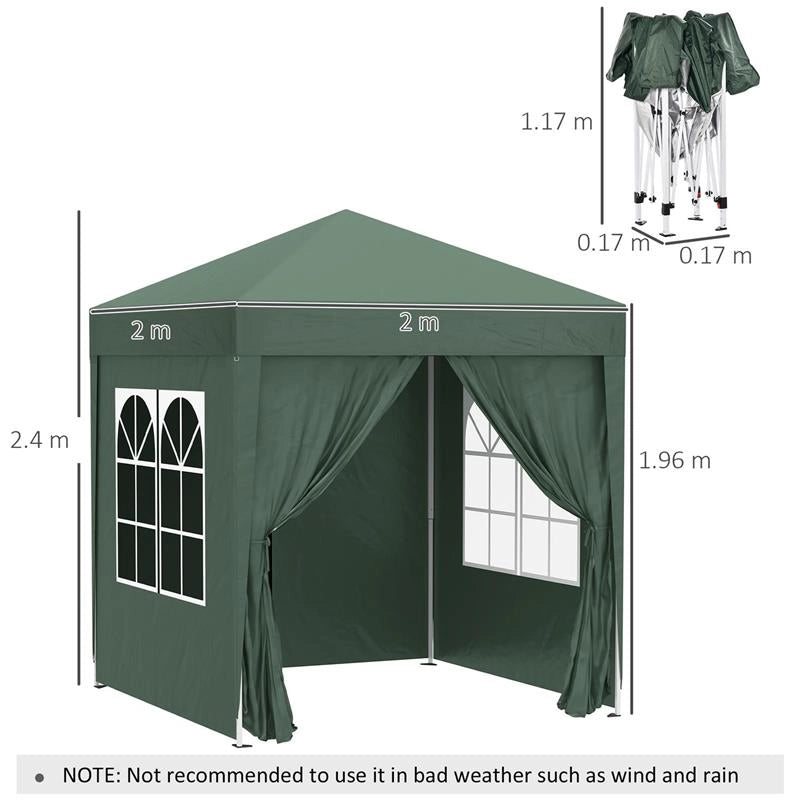 GAZEBO PIEGHEVOLE CON 4 PARETI RIMOVIBILI E BORSA DA TRASPORTO IN METALLO E POLIESTERE 2X2X2.4 CM VERDE