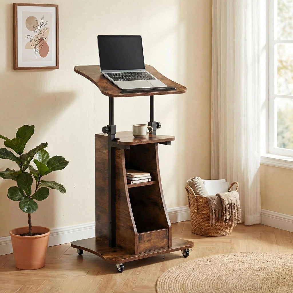 KOMFOTTEU Tavolino da Laptop Regolabile in Altezza 72-112cm con Ruote Universali, Piano Reclinabile, Ripiano Aperto e 2 Vani Portaoggetti, Scrivania per Computer Porta PC per Aula, Ufficio