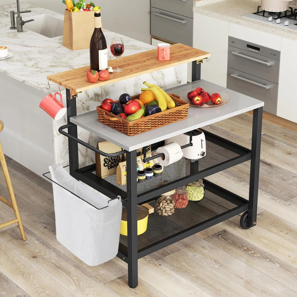 Carrello da portata a 4 piani con tavolo apribile, per sacco, da cucina, con ganci, per esterni, con manico, per forno e pizza