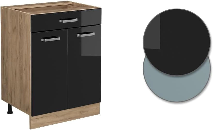 Mobiletto base per cucina R-Line, Nero lucido, 60 cm con cassetto, senza piano di lavoro, per la libera combinazione all'interno di sistemi cucina modulari