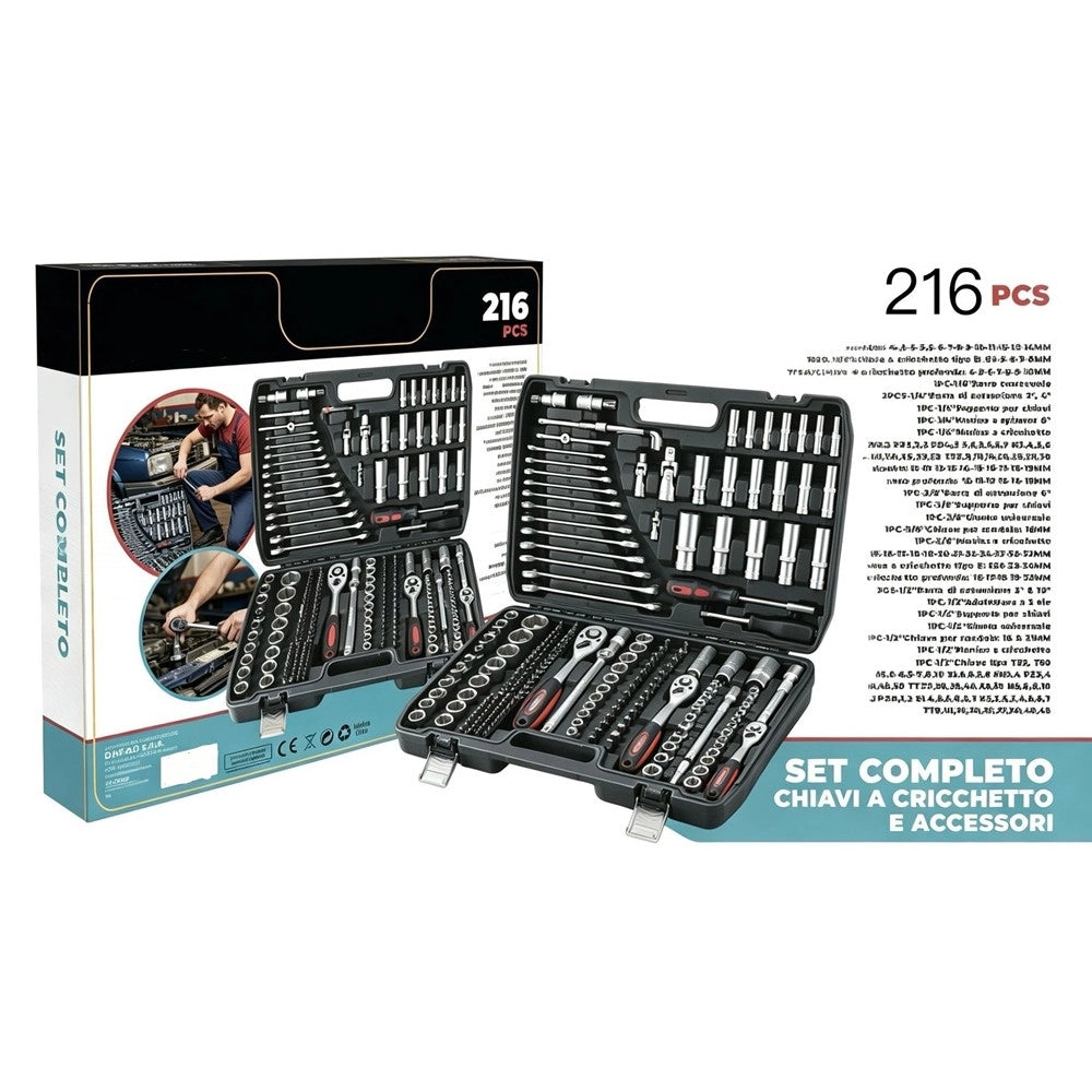 Trade Shop - Set Da 216 Pz Chiavi A Cricchetto Bussole Attrezzi Per Meccanica Con Valigetta Trasporto -